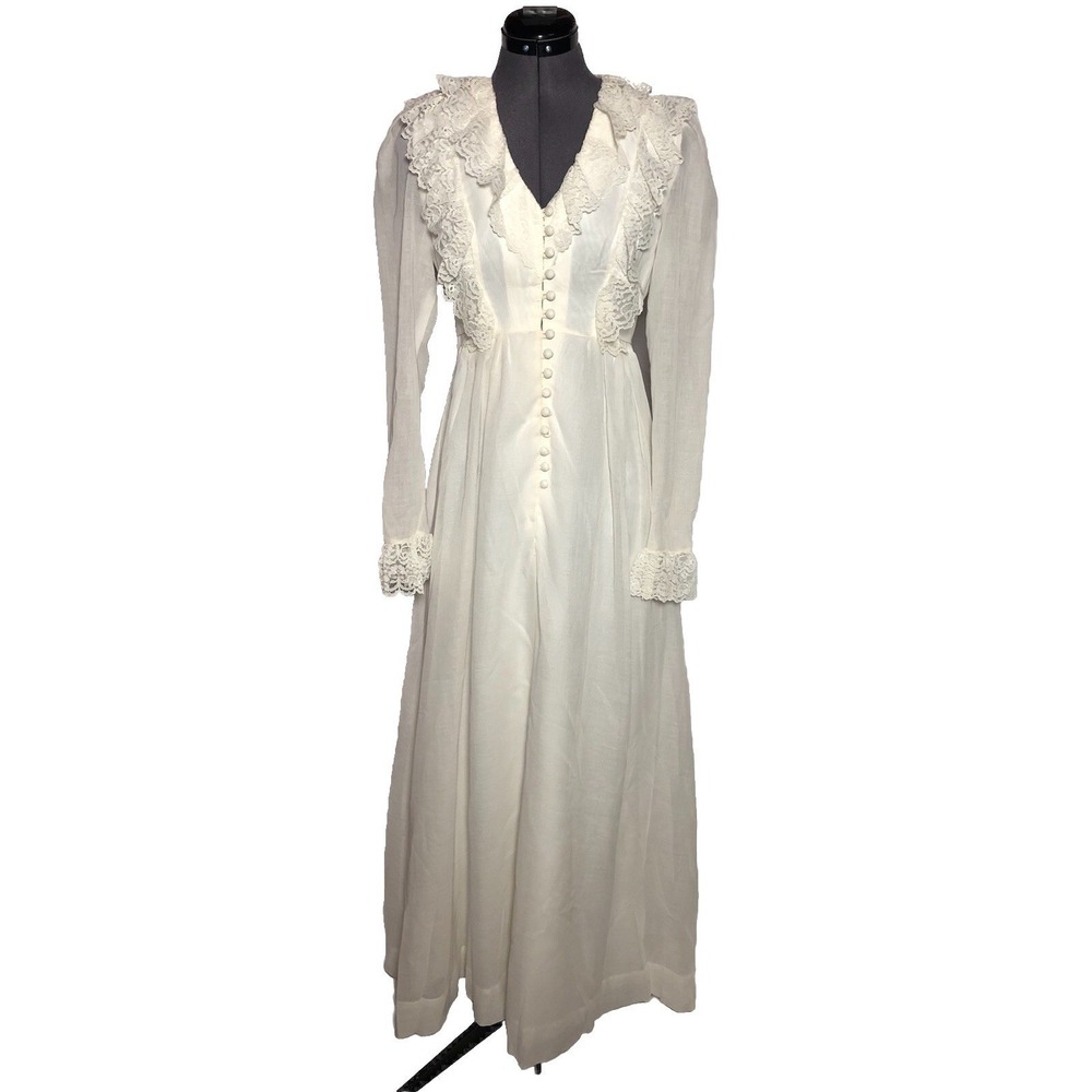 Vtg 70s Candi Jones California prairie wedding dress + lace veil 36-32-42